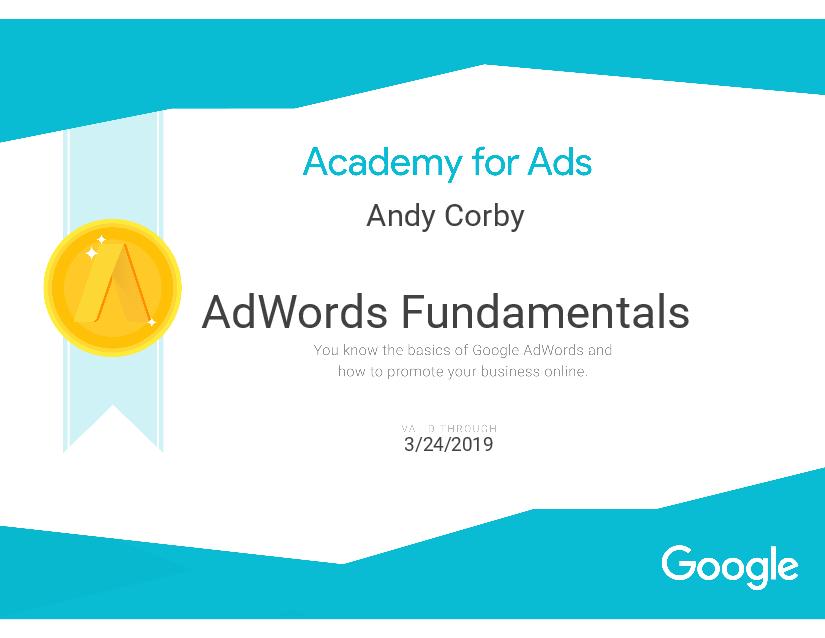 Andy Corby AdWords Fundamentals Certificate