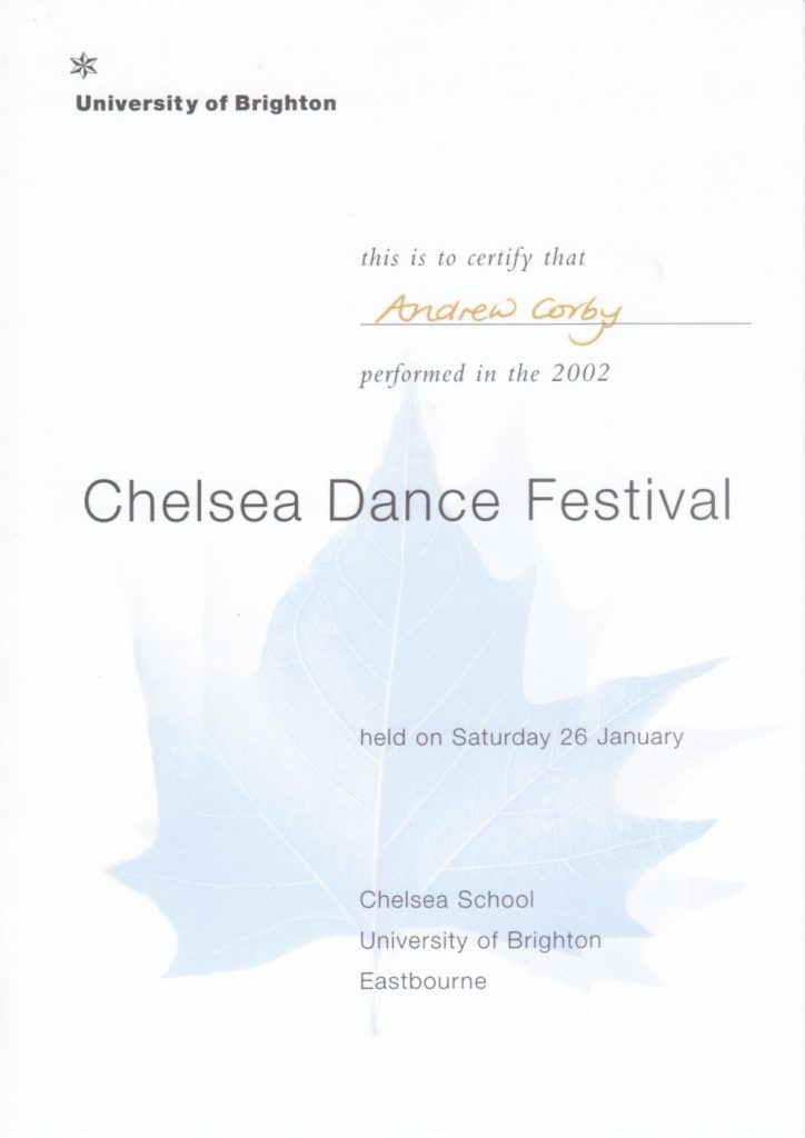 Andy Corby - Certificate - Chelsea Dance Festival