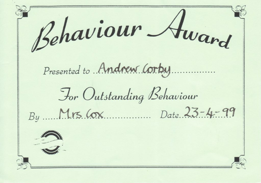 Andy Corby - Certificate - Kings Copse Behaviour