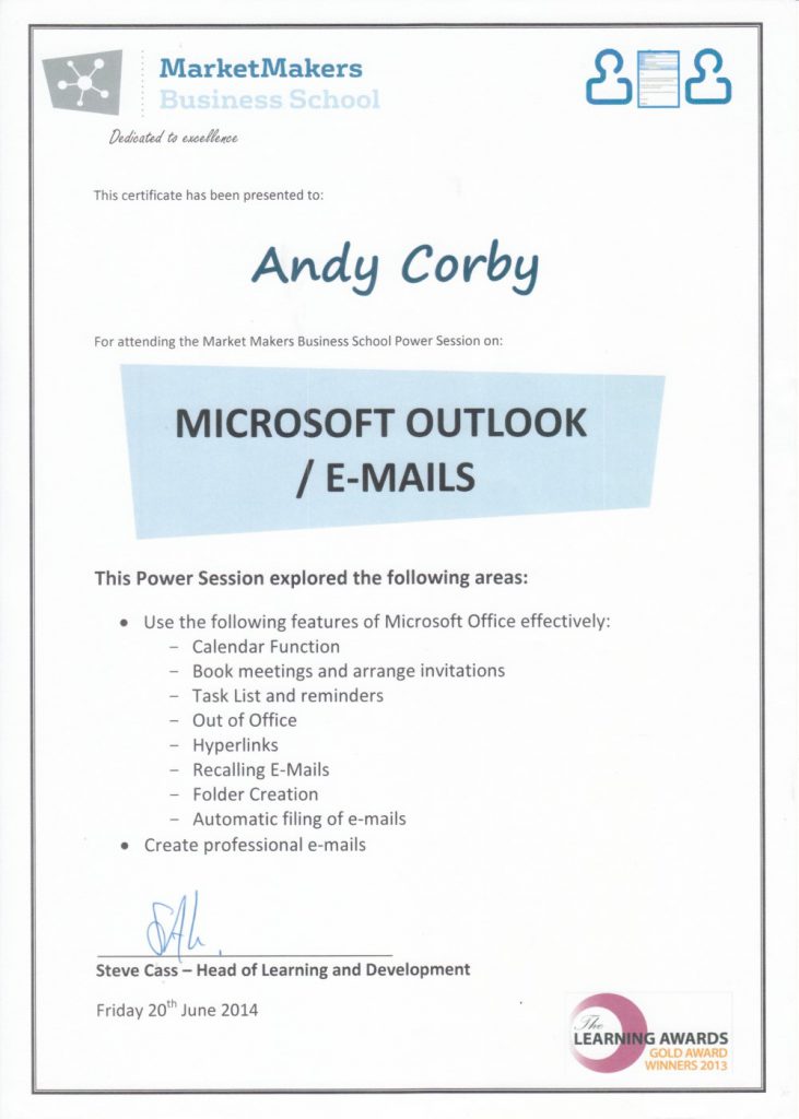 Andy Corby - Certificate - MarketMakers Outlook & Emails