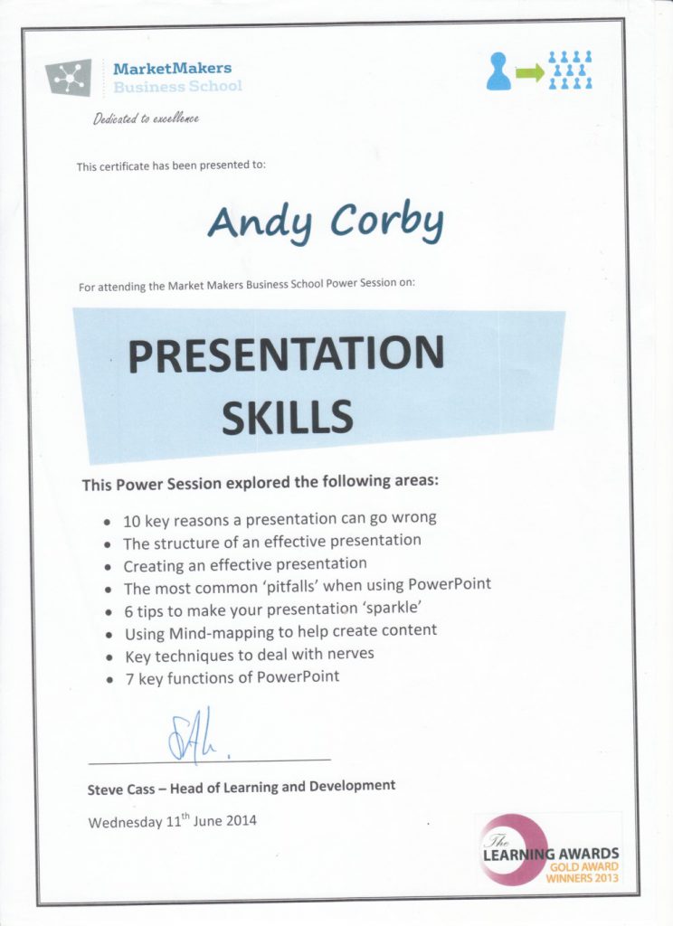 Andy Corby - Certificate - MarketMakers Presentation Skills