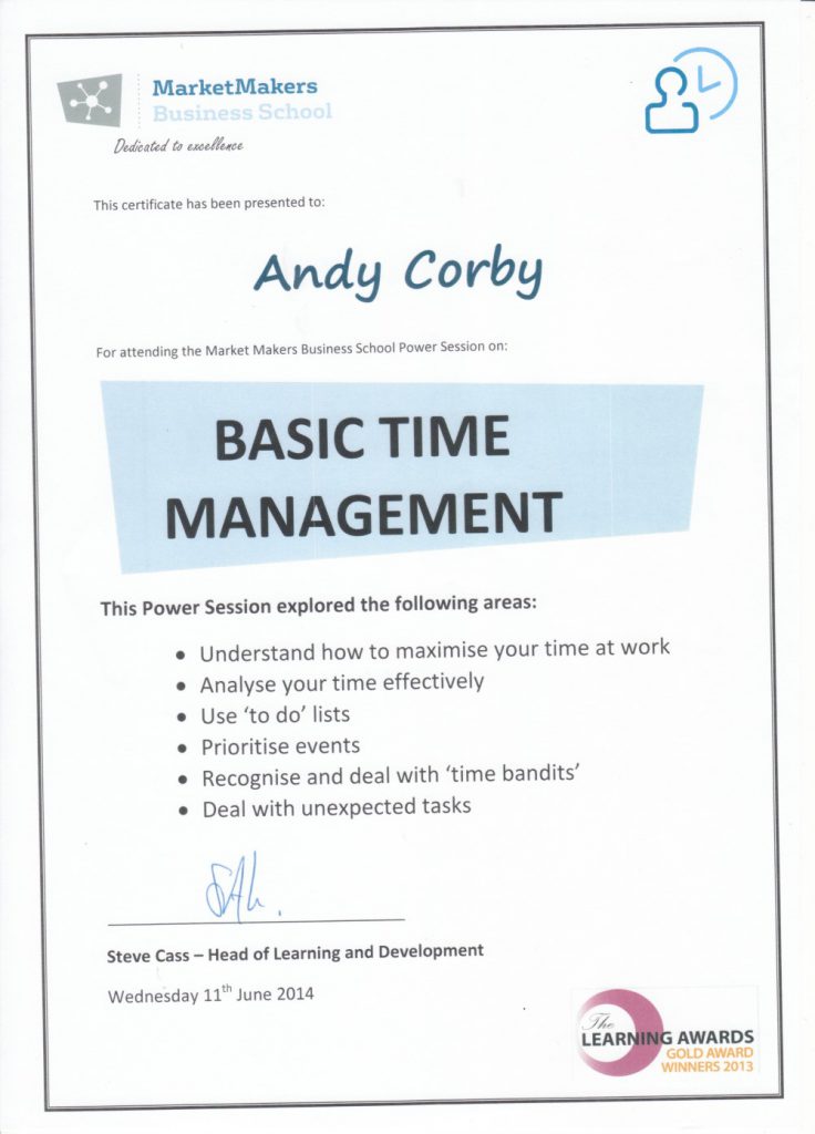 Andy Corby - Certificate - MarketMakers Time management