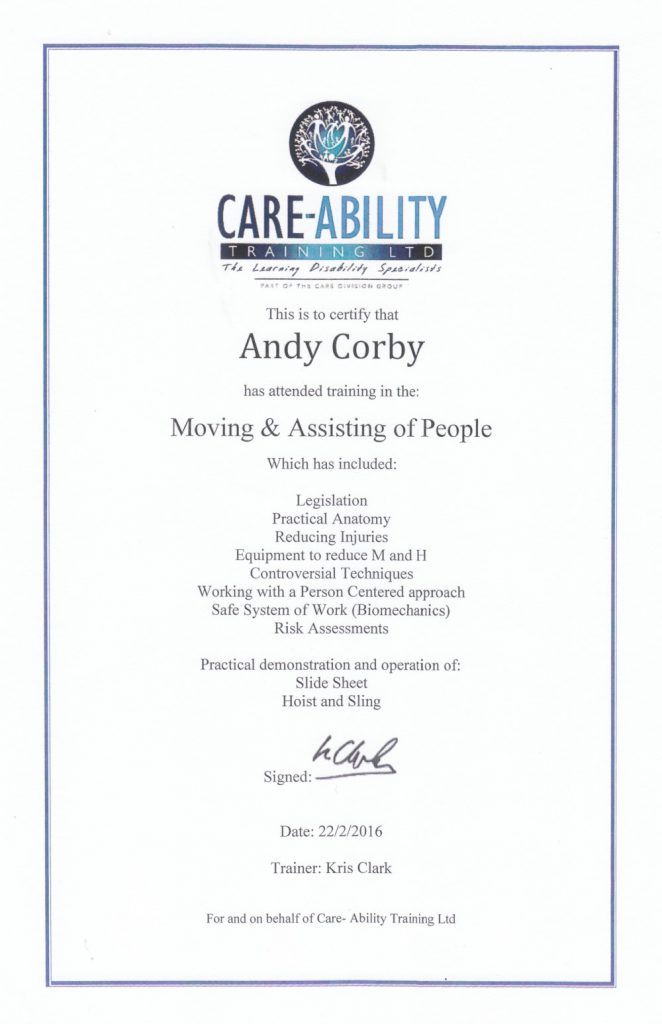 Andy Corby - Certificate - Moving & Assisting