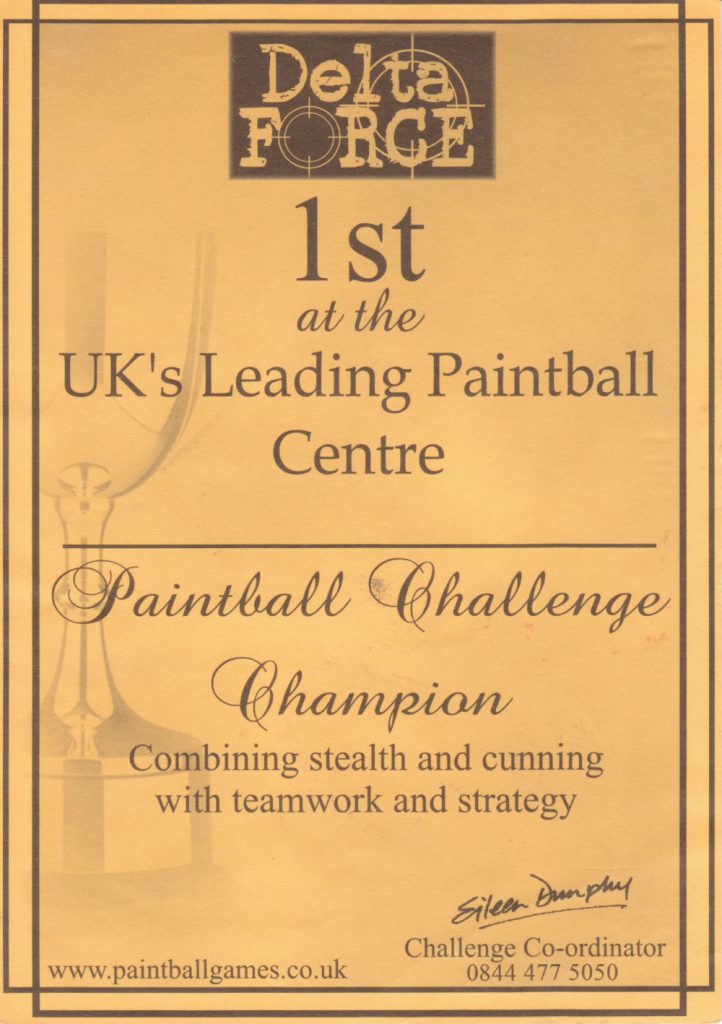 Andy Corby - Certificate - Paintball