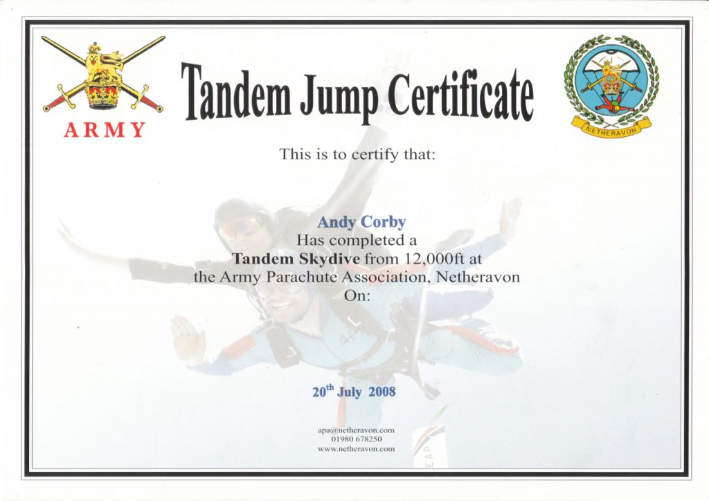 Andy Corby - Certificate - Skydive