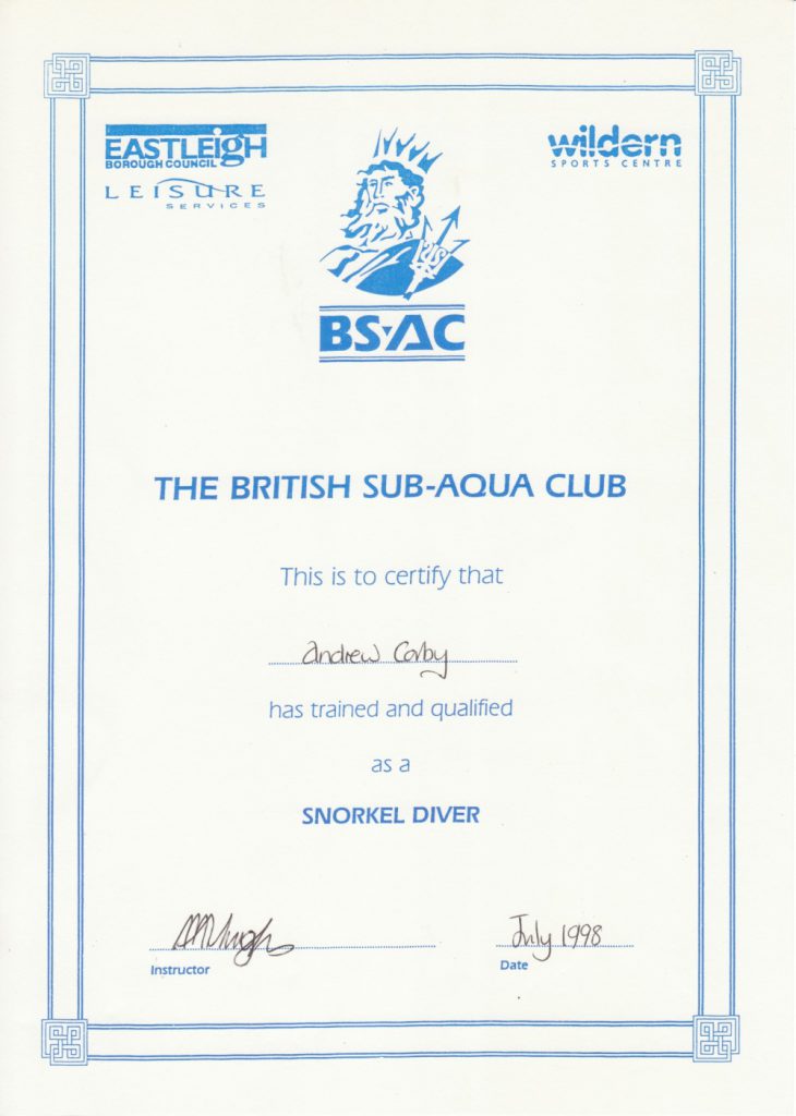 Andy Corby - Certificate - Snorkel Driver