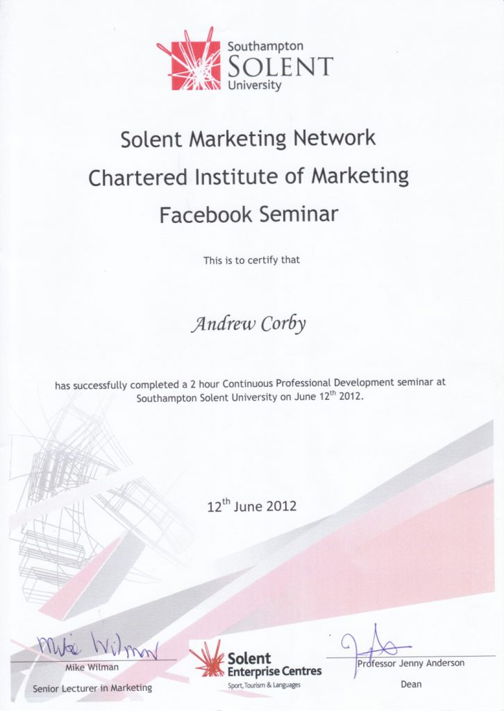 Andy Corby - Certificate - Solent CIM Facebook