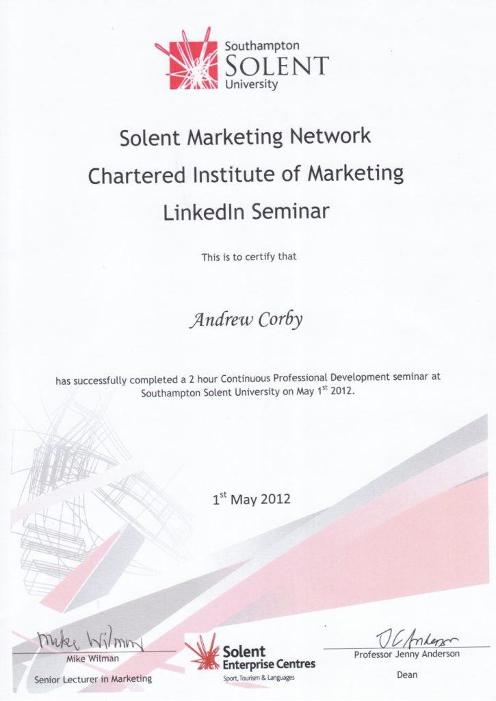 Andy Corby - Certificate - Solent CIM LinkedIn