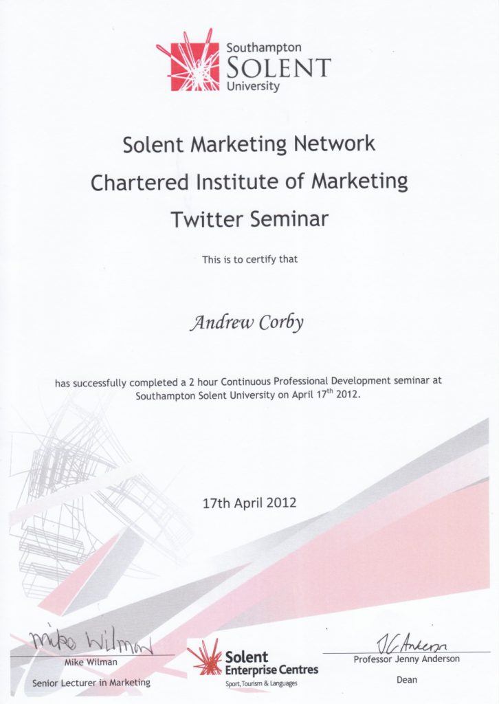Andy Corby - Certificate - Solent CIM Twitter