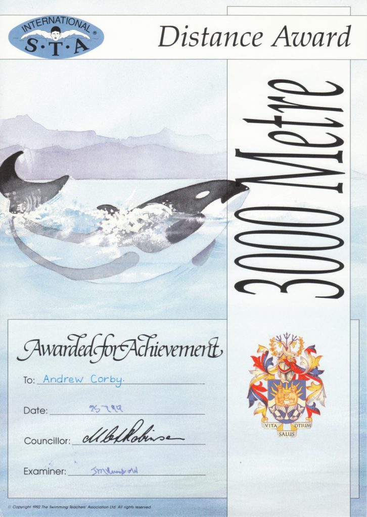 Andy Corby - Certificate - Swimming 3K