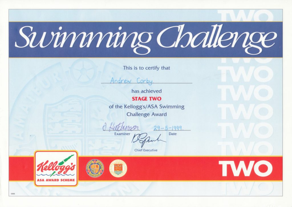 Andy Corby - Certificate - Swimming Challange Stage 2