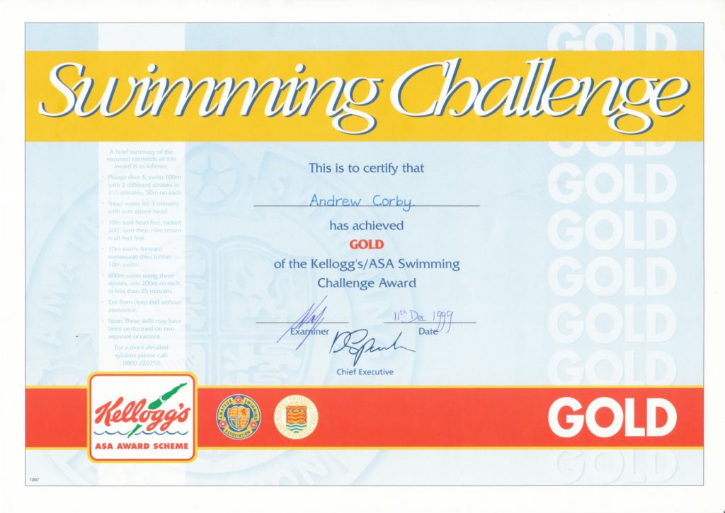 Andy Corby - Certificate - Swimming Gold