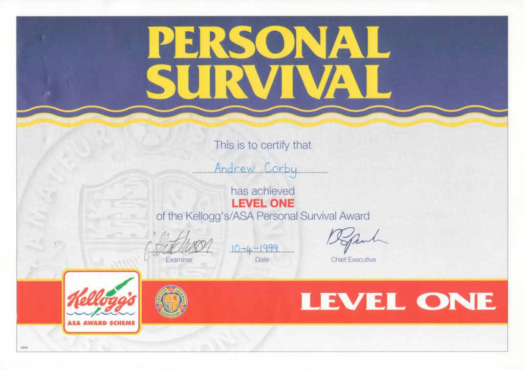Andy Corby - Certificate - Swimming Personal Survival Level 1