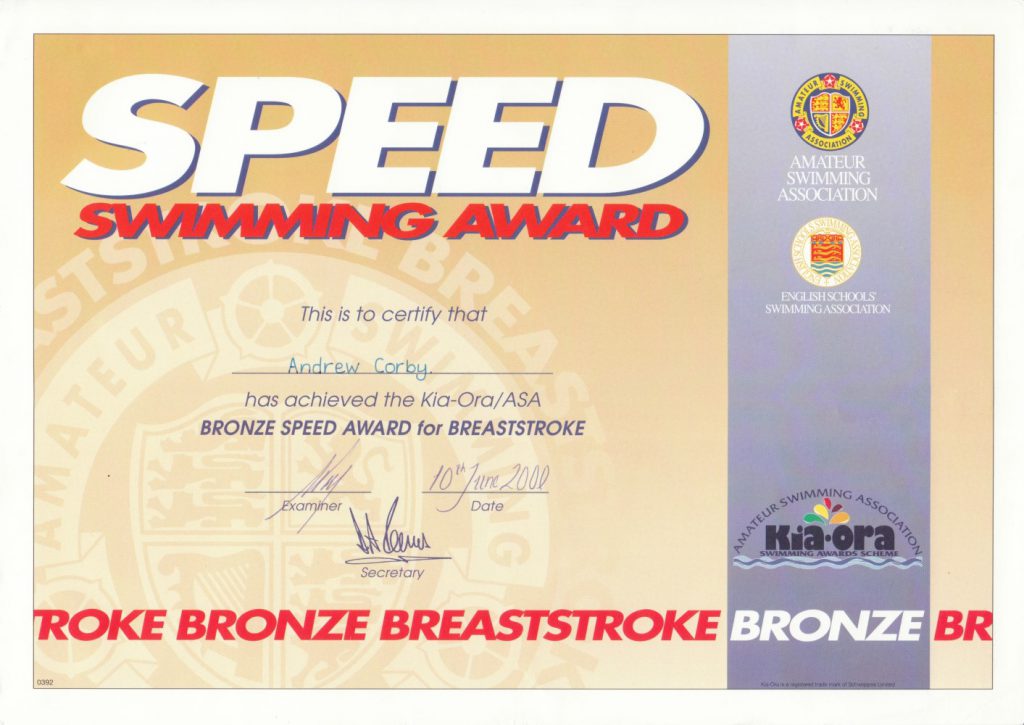 Andy Corby - Certificate - Swimming Speed Bronze