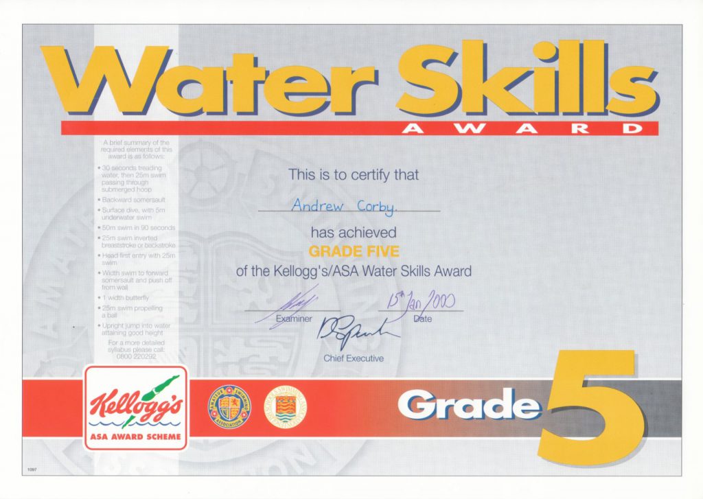Andy Corby - Certificate - Swimming Water Skills Grade 5
