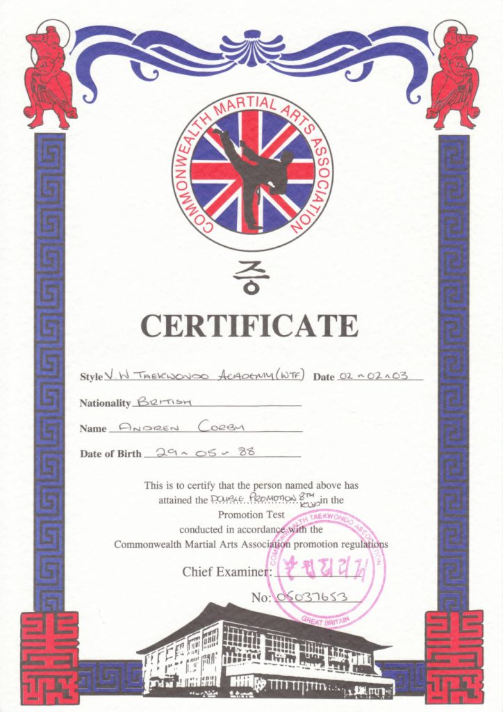 Andy Corby - Certificate - Taekwondo