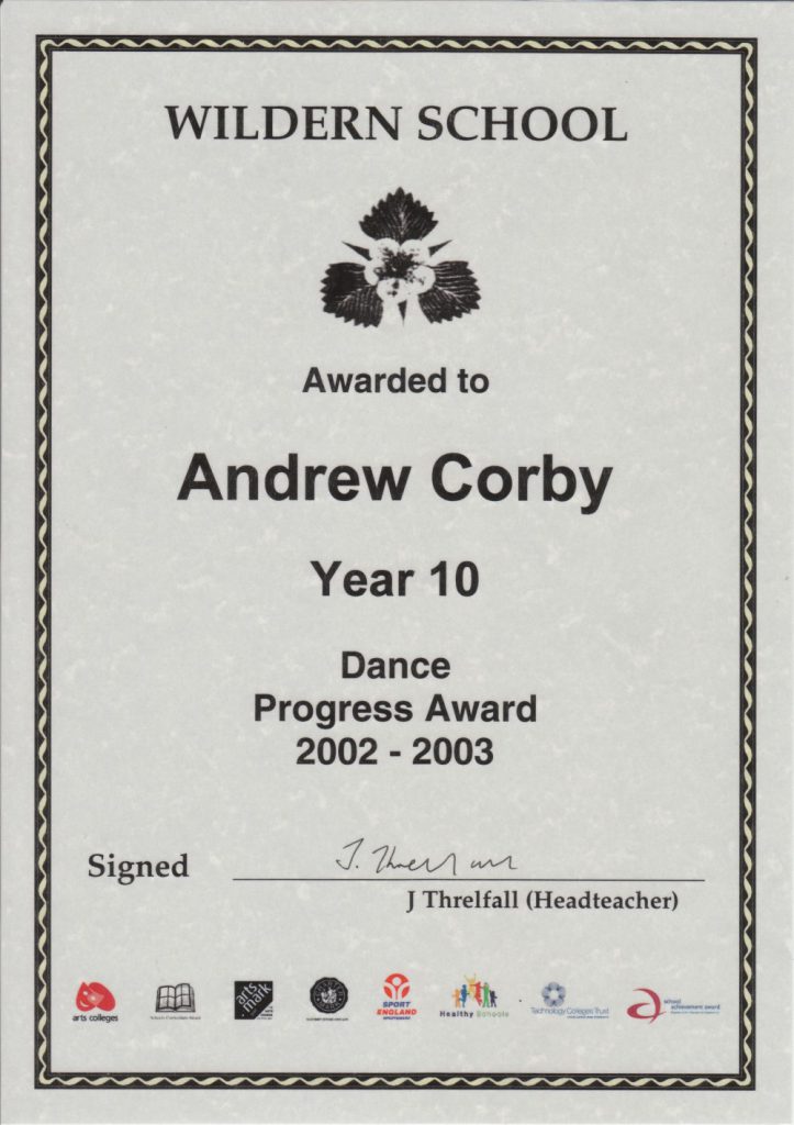 Andy Corby - Certificate - Wildern Award year 10