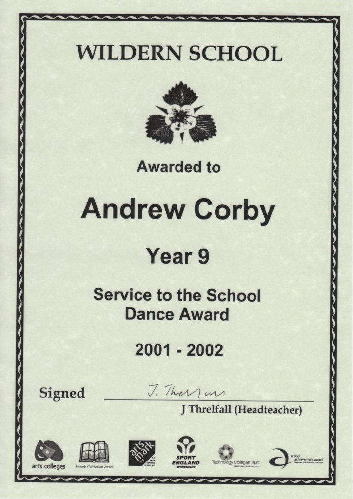 Andy Corby - Certificate - Wildern Award year 9