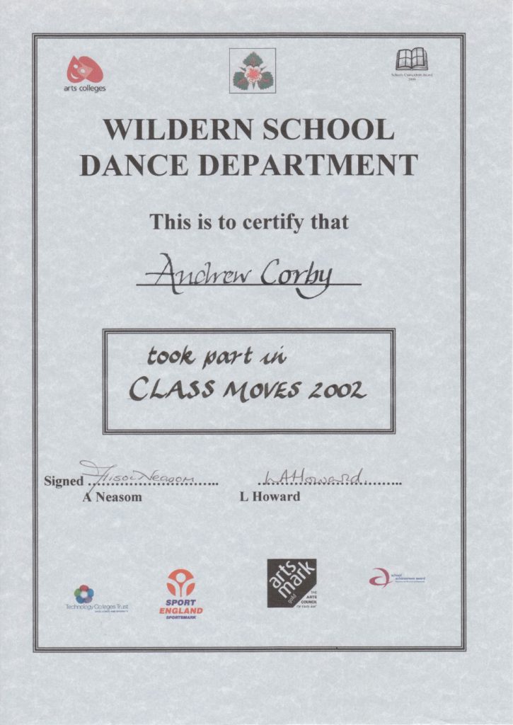 Andy Corby - Certificate - Wildern Class Moves