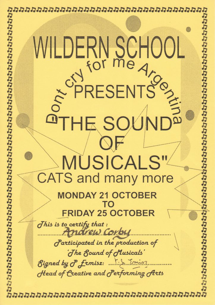 Andy Corby - Certificate - Wildern Sound of musicals