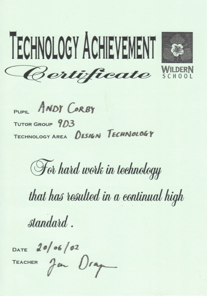 Andy Corby - Certificate - Wildern Technology
