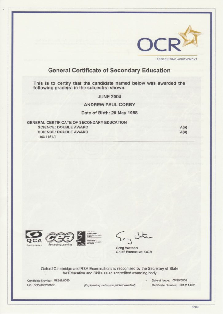 Andy Corby - Qualification - GCSE Double Science
