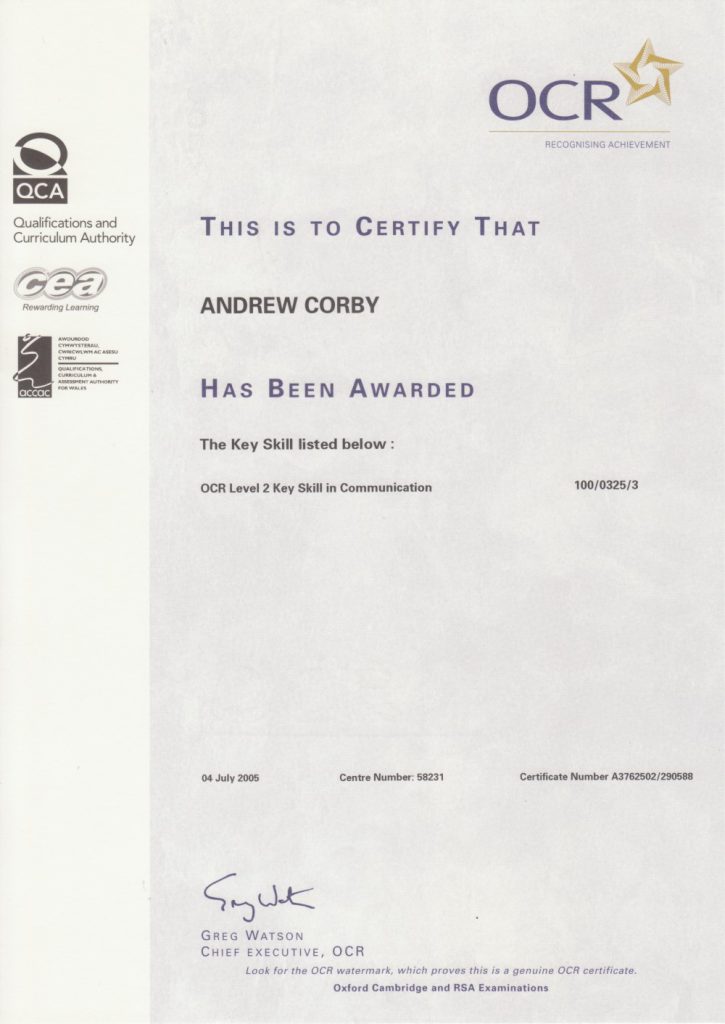 Andy Corby - Qualification - Key Skill Level 2 Comunication page 1