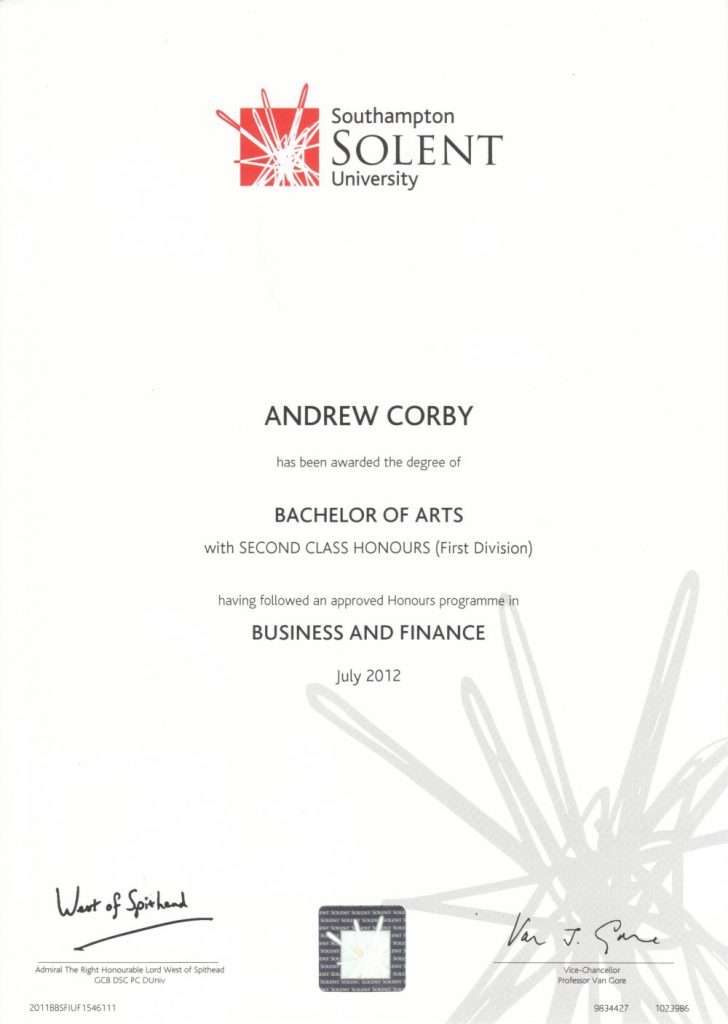 Andy Corby - Qualification - Solent BA