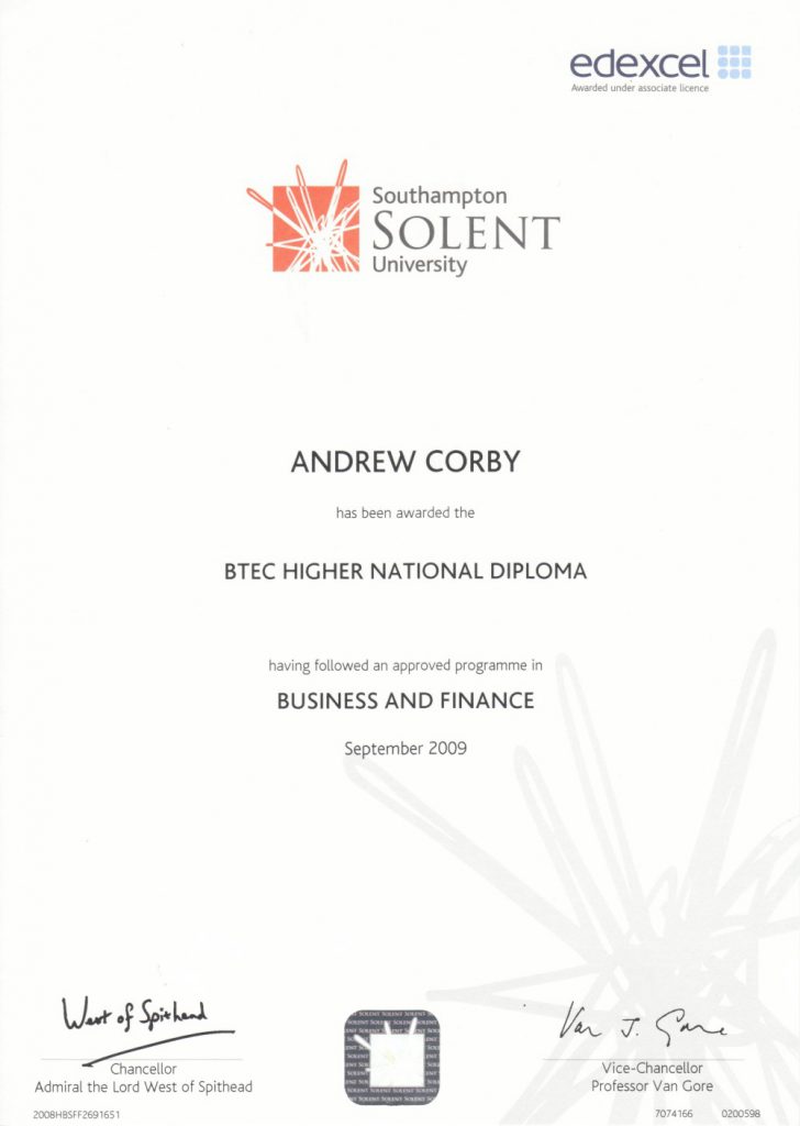 Andy Corby - Qualification - Solent HND